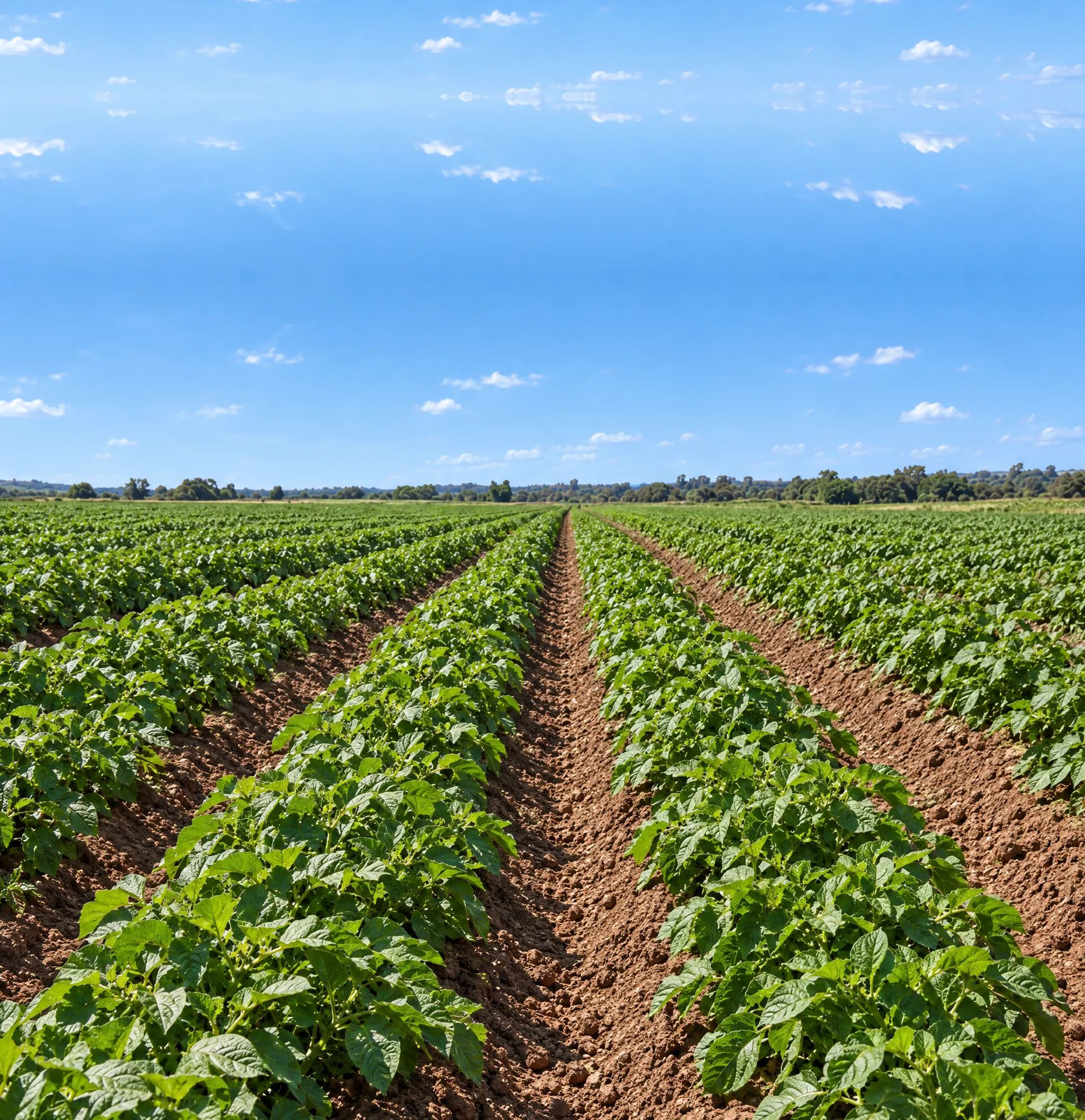 Campo de batata em longas filas verdes, a céu aberto