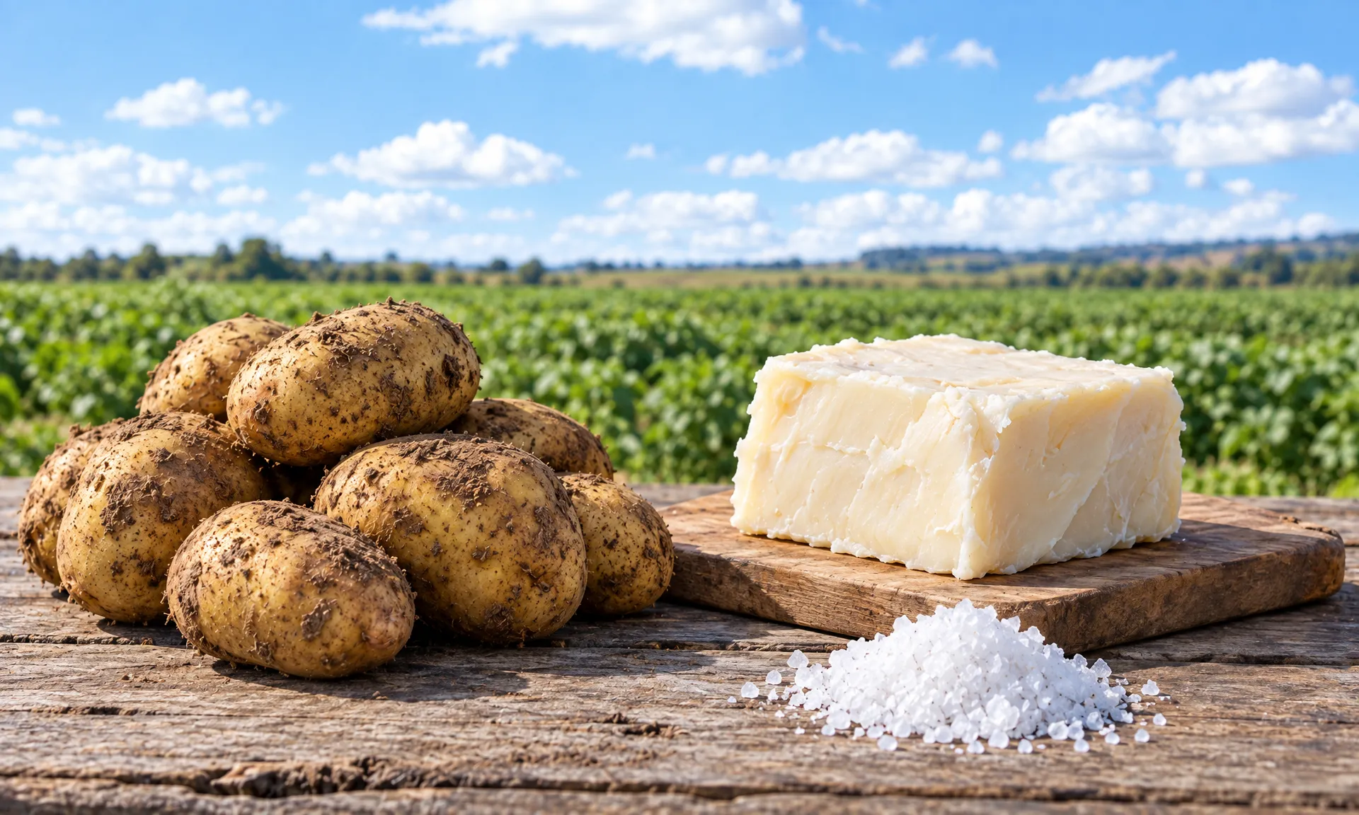 Batatas inteiras, um bloco de sebo de vaca e sal marinho numa mesa de madeira, ao ar livre
