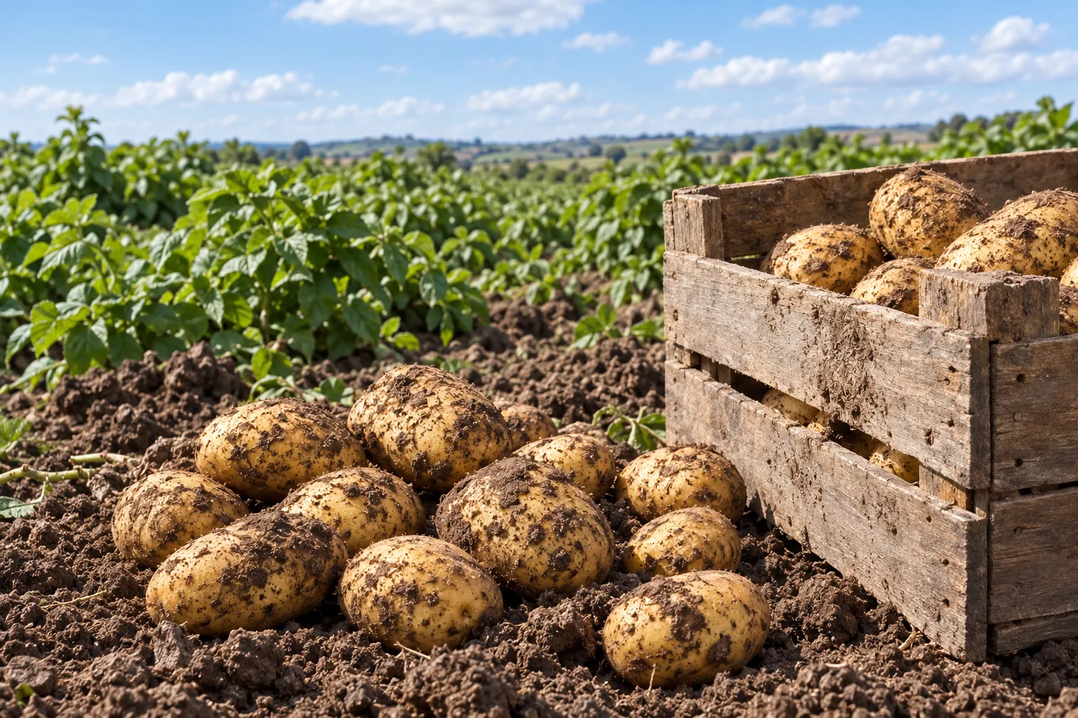 Batatas acabadas de colher sobre a terra, junto a uma caixa de madeira