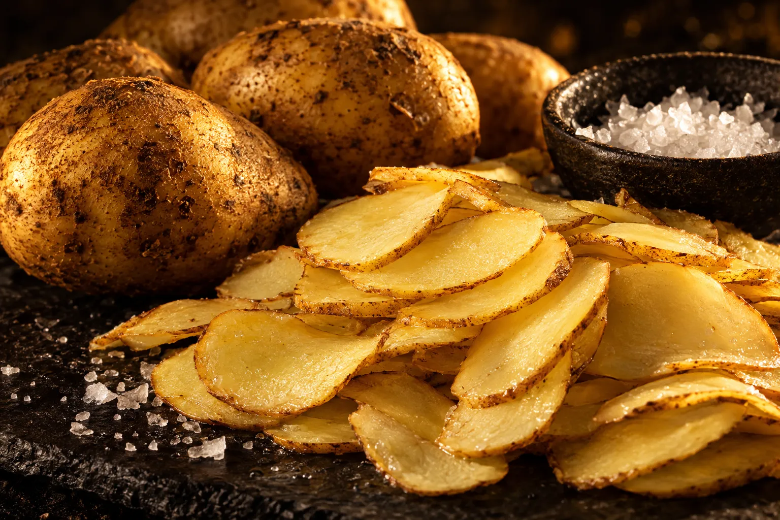 Batatas cruas, rodelas finas e sal marinho
