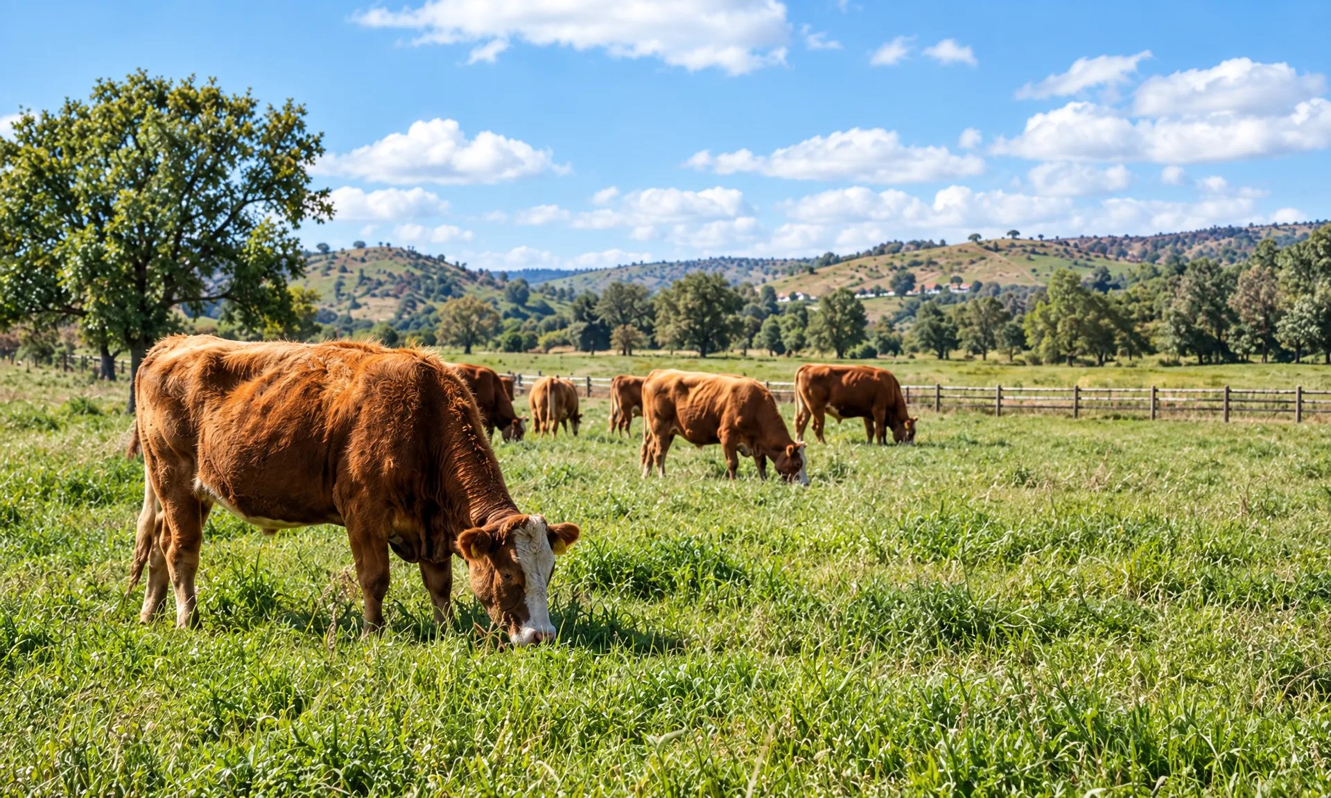 Vacas castanhas a pastar num prado aberto, sob céu azul