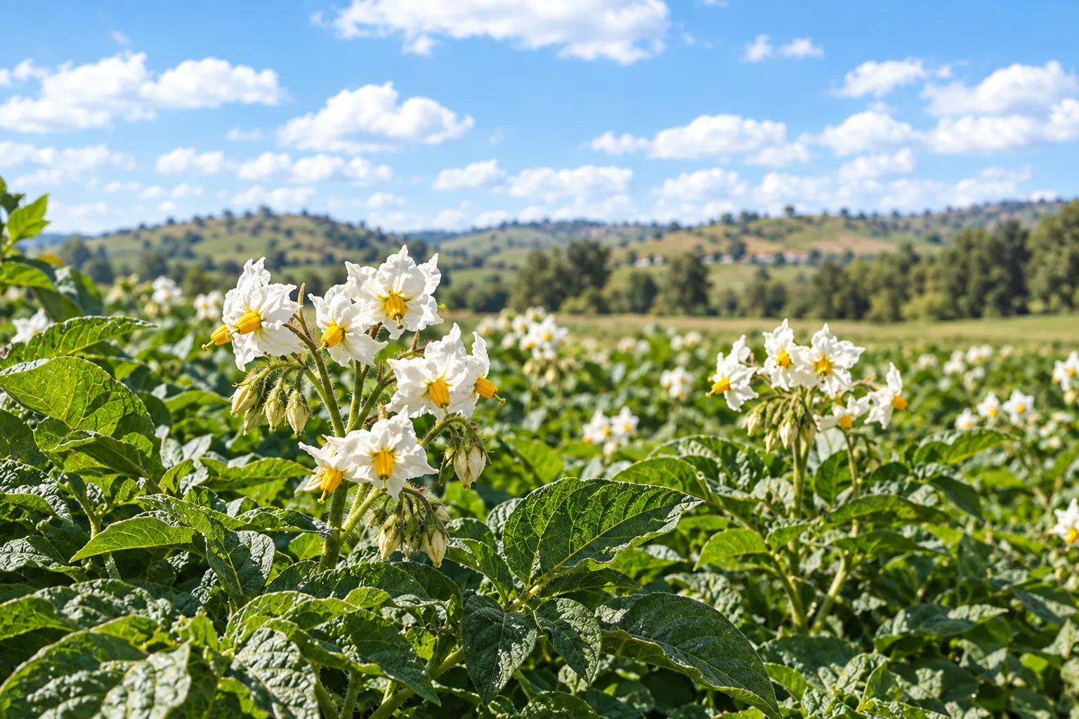 Batateiras em flor à beira de um campo aberto