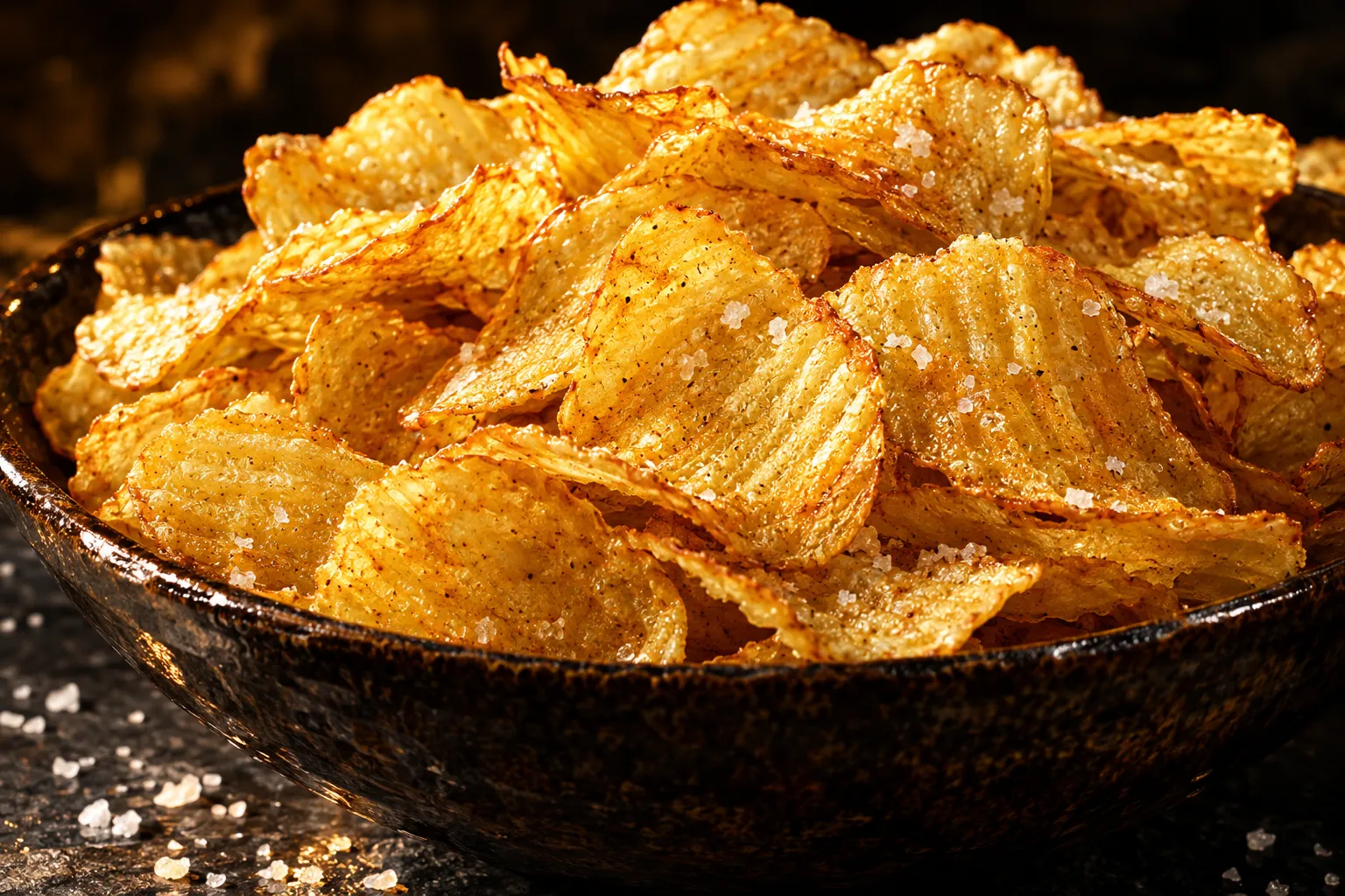 Taça de batatas fritas douradas com sal marinho