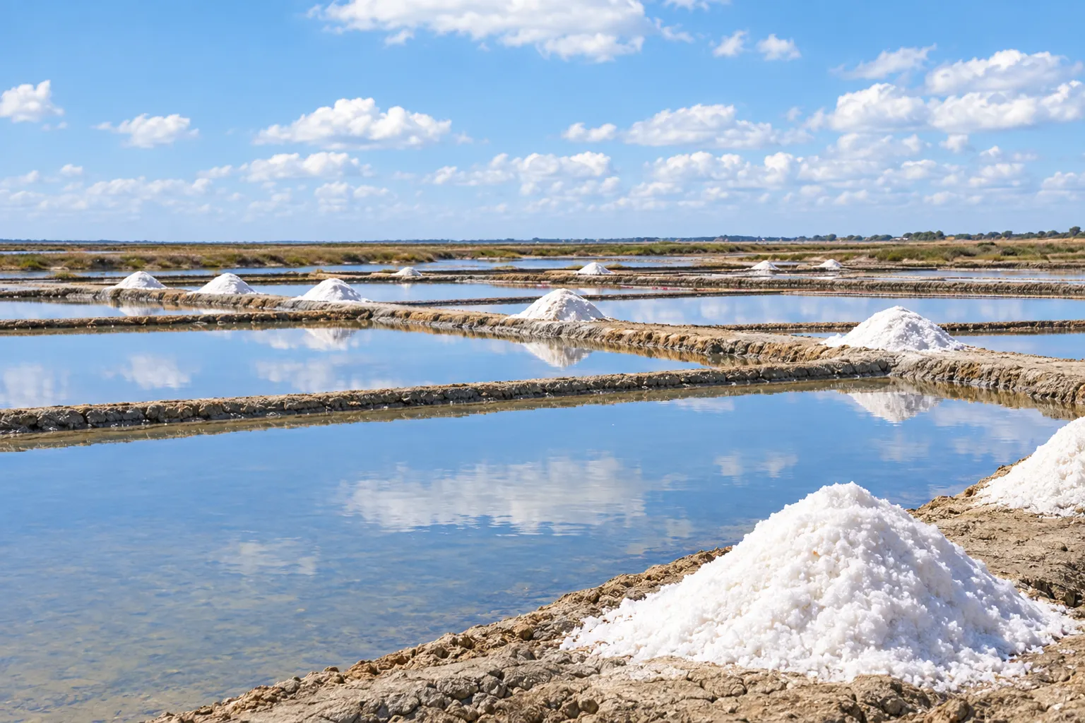 Salinas a céu aberto com montes de sal marinho a secar ao sol