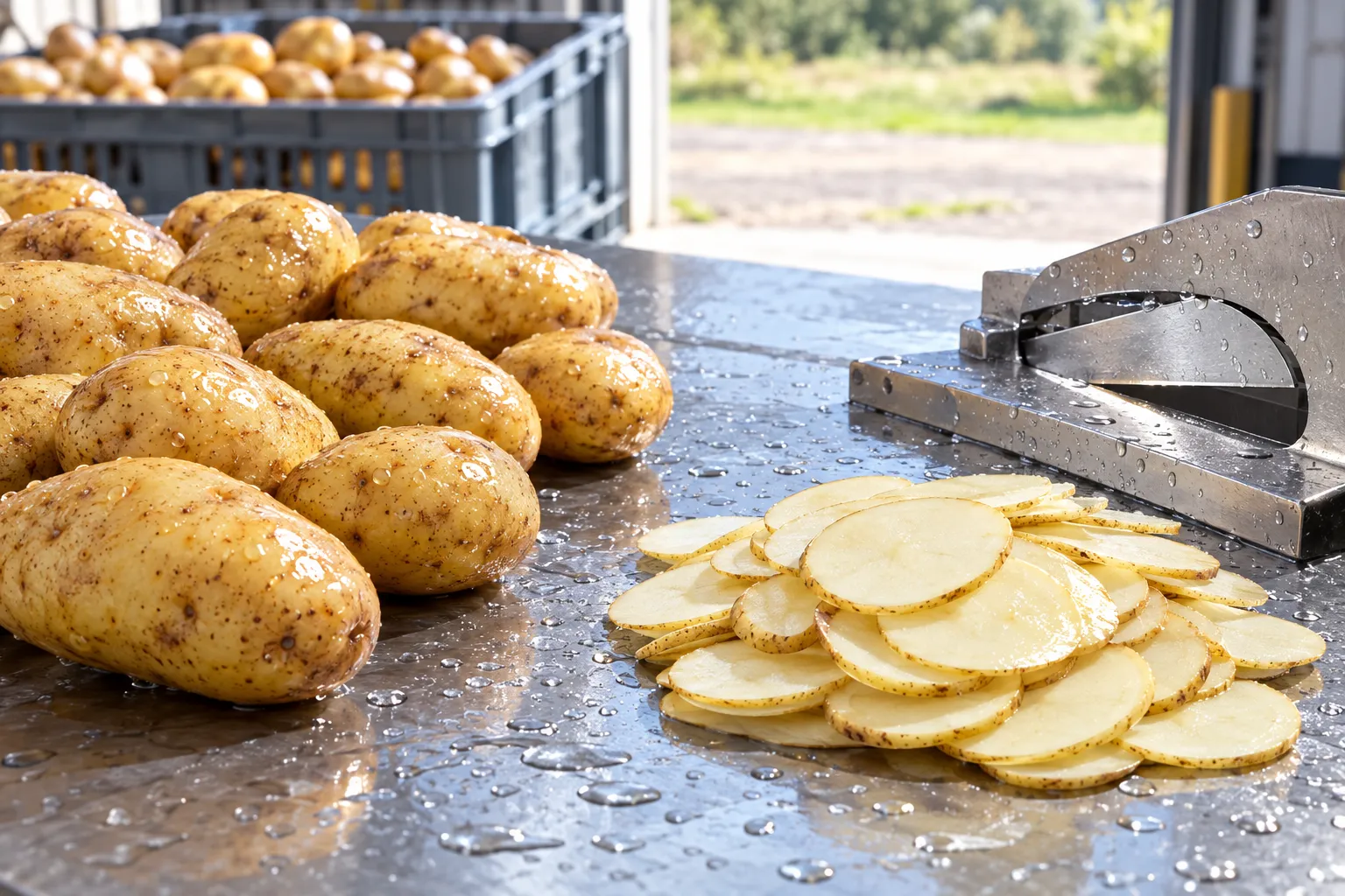 Batatas lavadas e rodelas finas cruas numa mesa de aço